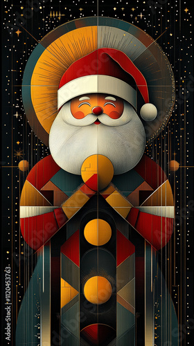 Geometric abstract Santa Claus in vector style, made of circles and straight lines, Merry Christmas theme, centered composition, flat lighting, clean and precise rendering,