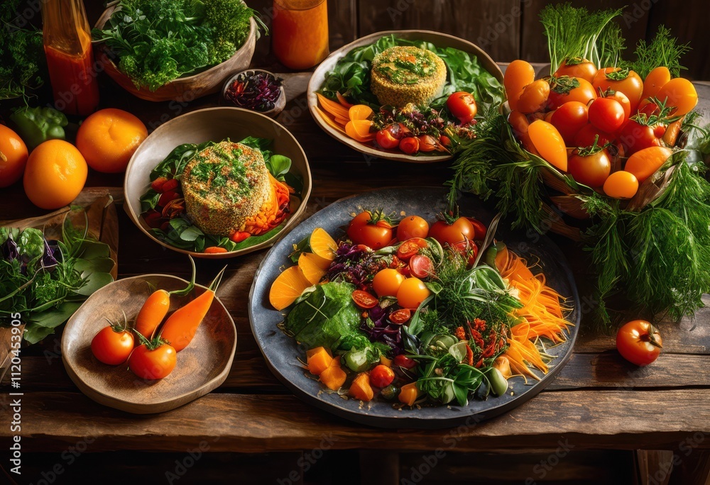beautiful close vibrant plant based meals artistically arranged rustic wooden table showcasing bounty inviting presentation, colorful, vegetables, healthy beautiful close vibrant plant based meals artistically arranged rustic wooden table showcasing bounty inviting presentation, colorful, vegetables, healthy