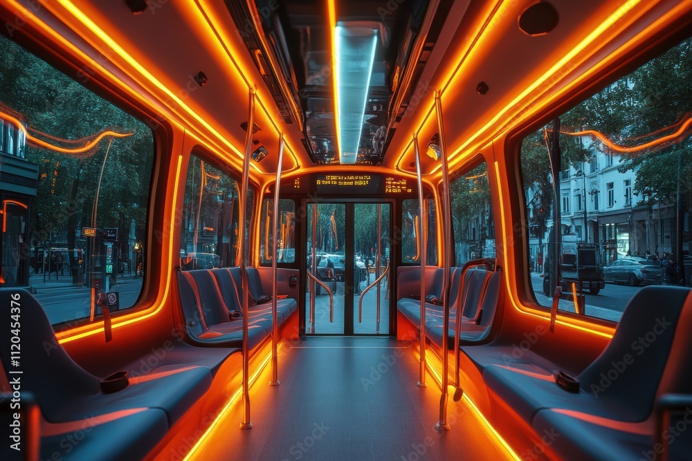 Fototapeta premium Illuminated tram interior urban transit photography nighttime interior view modern design aesthetics