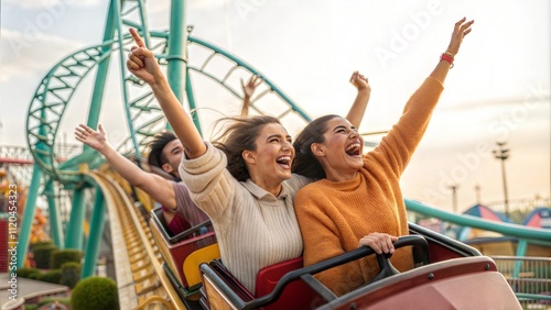 Friends cheering and riding roller coaster at amusement park photo