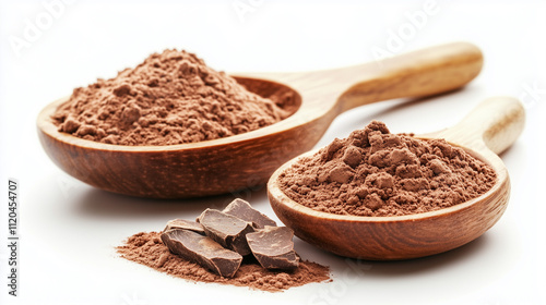 A mound of rich cocoa powder with a fine, velvety texture, set against a pure white background, emphasizing its deep brown color and culinary versatility.