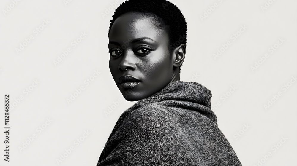 Fototapeta premium A black-and-white studio portrait of an African woman with short hair, wearing a long, grey cloak 