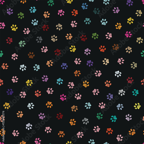 Multi colored vibrant paw print seamless fabric design repeated pattern