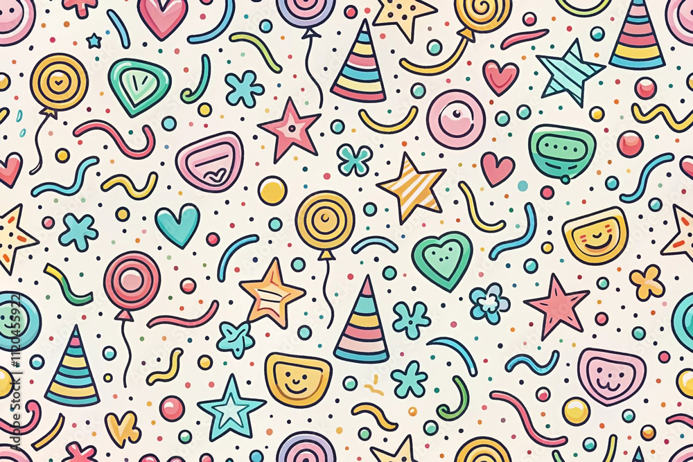 Seamless pattern with colorful hand-drawn party elements on a light background. Seamless pattern with colorful hand-drawn party elements on a light background.