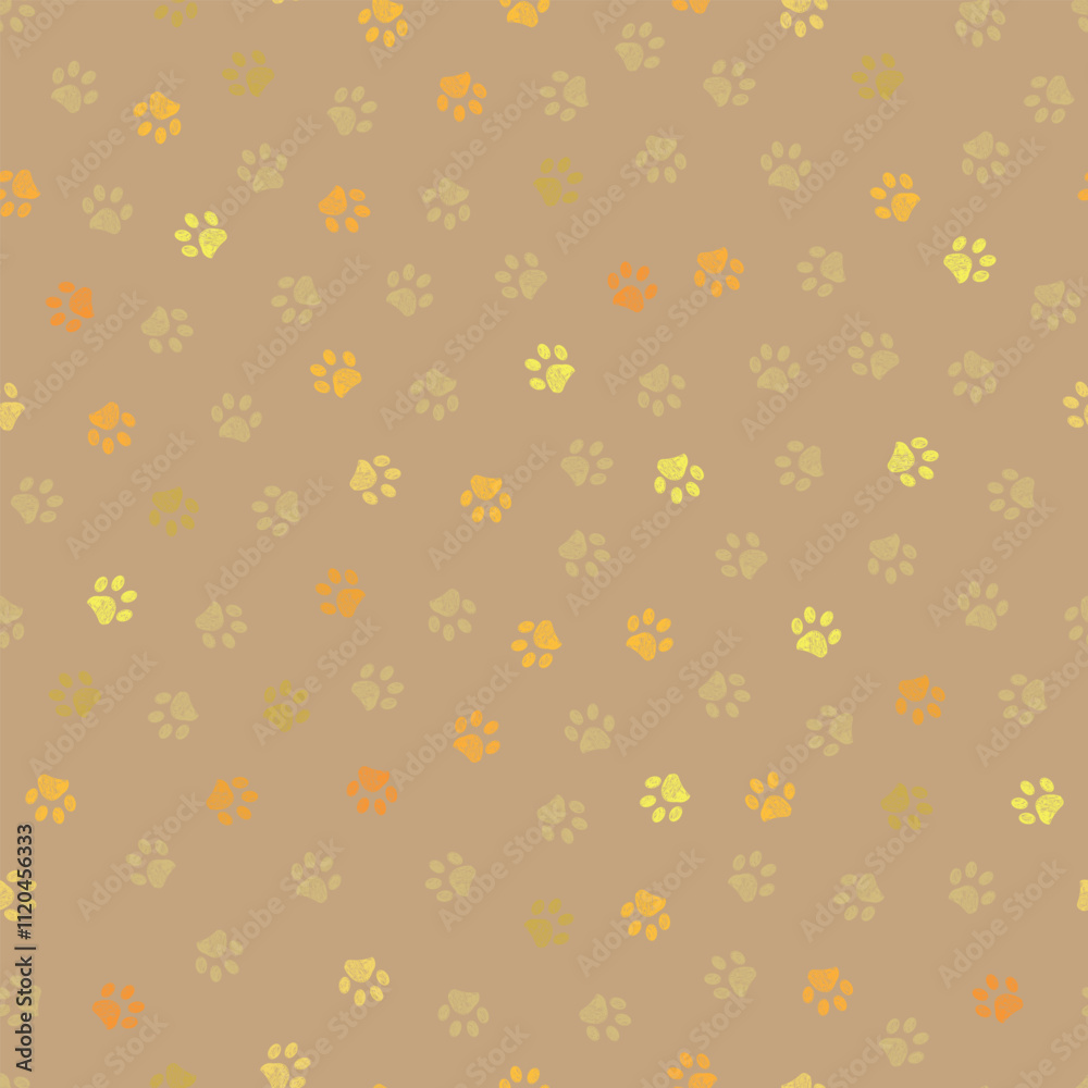 Golden colored paw print seamless fabric design repeated pattern with light brown Golden colored paw print seamless fabric design repeated pattern with light brown