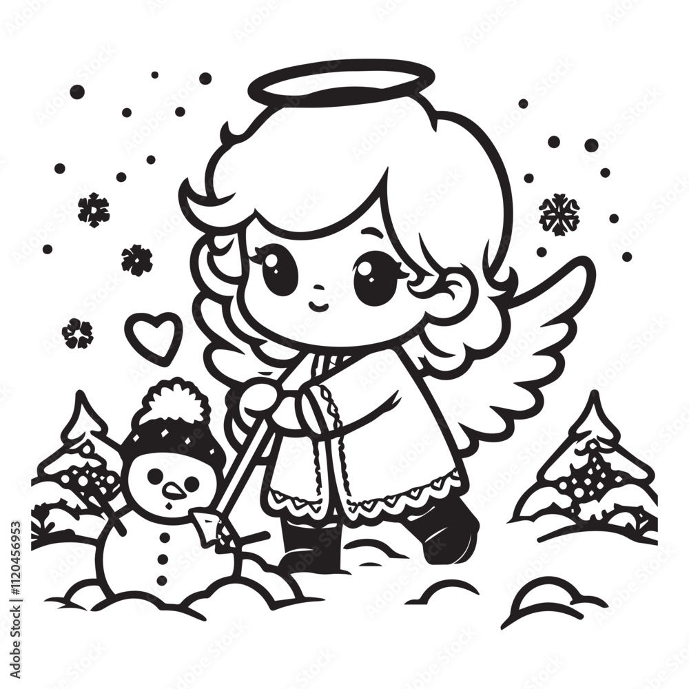 little snow angel in a snowy field vector black color white color background little snow angel in a snowy field vector black color white color background