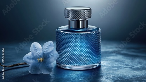 Elegant blue men's perfume bottle with flower. photo