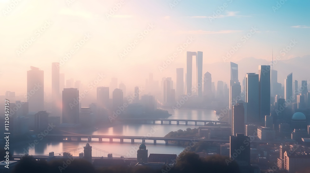 Fototapeta premium sunrise paints the skyline of modern city in soft hues of pink and orange, casting glow over skyscrapers and river below