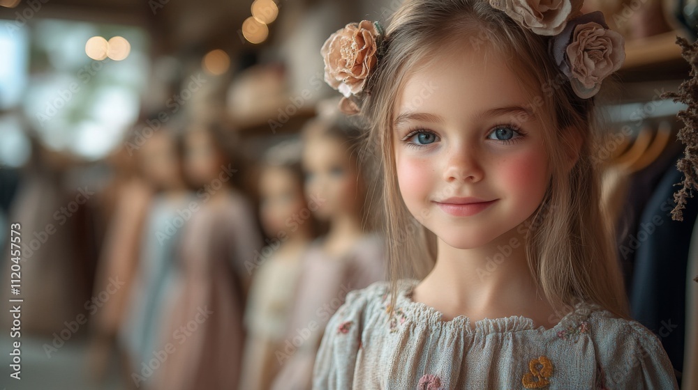 A young girl wearing a floral dress stands smiling in a boutique filled with pastel-colored clothing. The warm atmosphere highlights her joy as she enjoys shopping.
