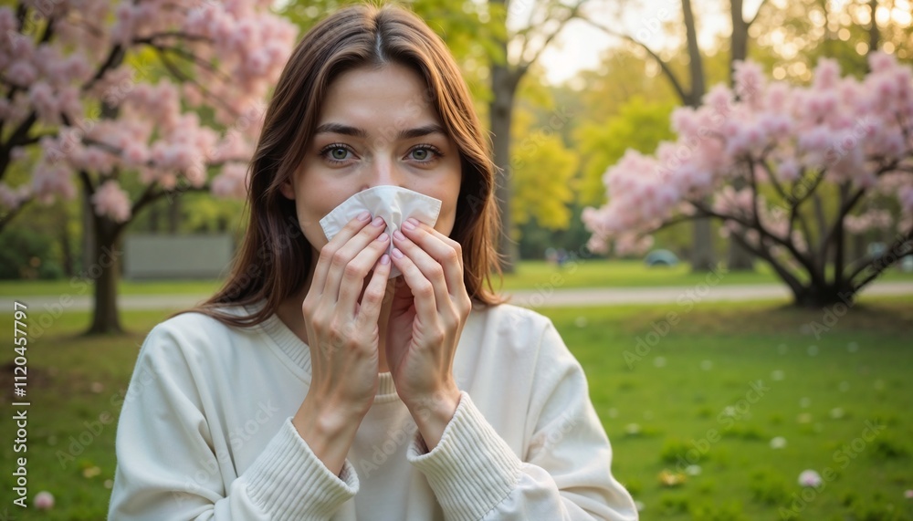 Young woman blowing her nose in park with blooming trees, representing seasonal allergies and outdoor health Young woman blowing her nose in park with blooming trees, representing seasonal allergies and outdoor health
