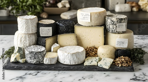 A Selection Of Fine Cheeses Arranged On A Slate Board