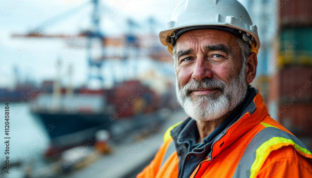 Fototapeta premium A confident seaport worker in a high-visibility vest and hard hat, with a bustling harbor backdrop.