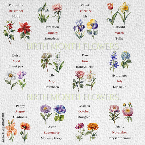 birth month flower, flower set, flower of the month of the year, Poinsettia, Violet, Holly, Carnation, Iris, Tulip,  Snowdrop, Daffodil, Daisy, Honeysuckle, Hydrangea, Larkspur, Poppy, Gladiolus