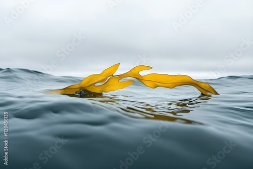 Yellow seaweed floating gently on calm ocean waves under a cloudy sky photo