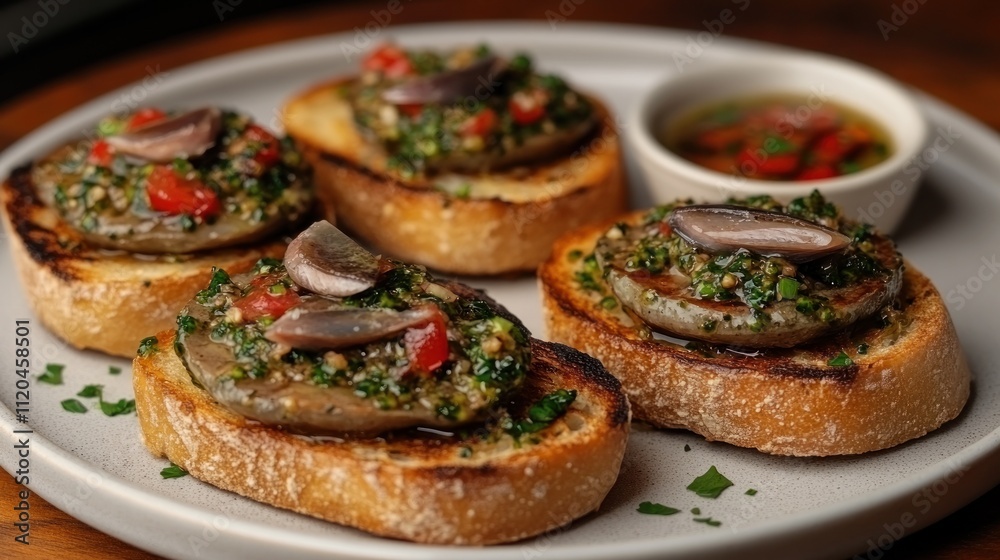 Four grilled bread slices topped with pesto, artichoke, and anchovy, served with a small bowl of sauce. Four grilled bread slices topped with pesto, artichoke, and anchovy, served with a small bowl of sauce.