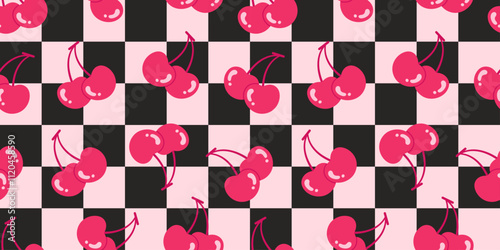 Seamless pattern with vibrant cherries on a pink and black checkered background. Perfect for romantic y2k 2000s modern designs. Valentine's day. 14 february. geometric background. Gift wallpaper