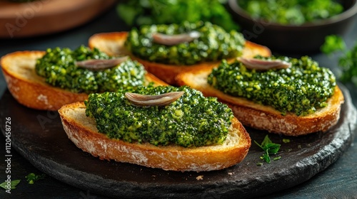 Four slices of toasted bread topped with vibrant green broccoli pesto and anchovy fillets, arranged on a dark stone slate.