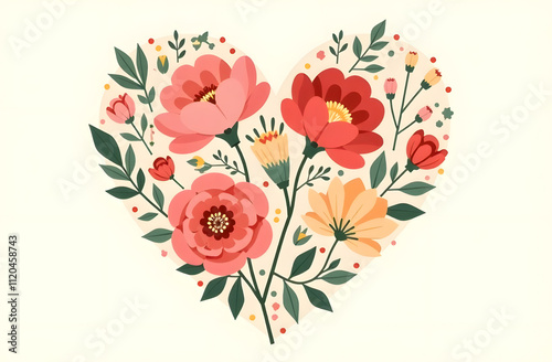 Colorful floral heart design featuring various flowers in shades of red, pink, and yellow on a light background