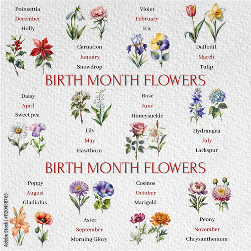 birth month flower, flower set, flower of the month of the year, Poinsettia, Violet, Holly, Carnation, Iris, Tulip,  Snowdrop, Daffodil, Daisy, Honeysuckle, Hydrangea, Larkspur, Poppy, Gladiolus