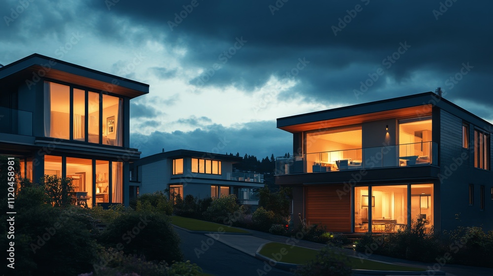 An enchanting scene featuring modern family homes in an urban setting under the soft glow of twilight.

