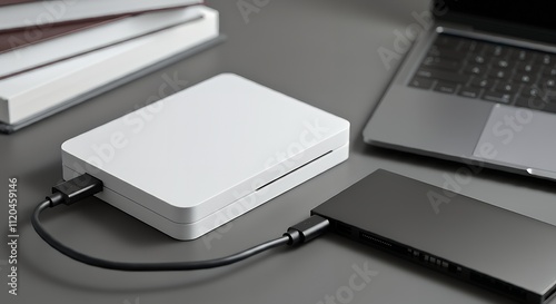 A blank external hard drive box mock-up, lying next to a laptop on a study table 3d illustration brand mock-up template.