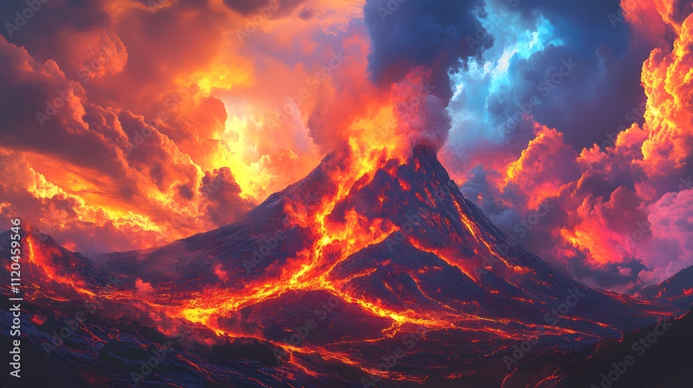 An active volcano with flowing lava and a dramatic color An active volcano with flowing lava and a dramatic color