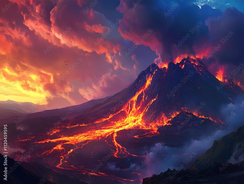 An active volcano with flowing lava and a dramatic color An active volcano with flowing lava and a dramatic color