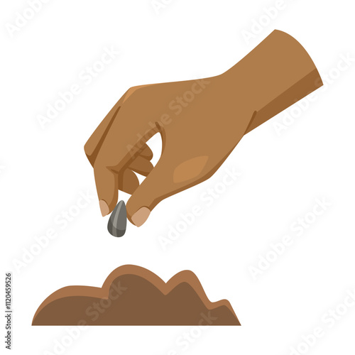 Hand placing a seed into the soil, brown ground, white background, concept of agriculture, growth, and nurturing. Vector illustration