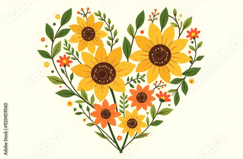 Bright sunflower floral heart with vibrant colors and delicate leaves for decoration or celebration
