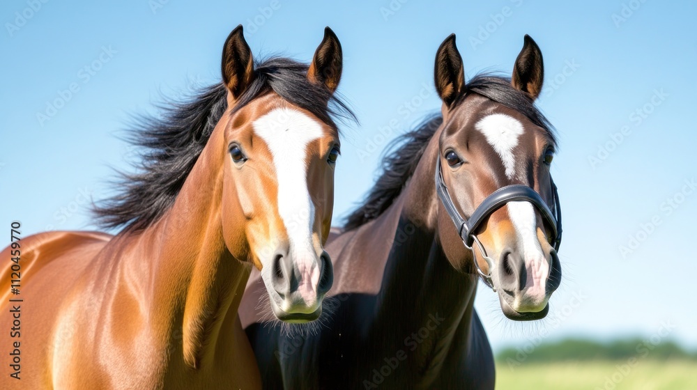 Two horses standing together in a sunny field. Two horses standing together in a sunny field.
