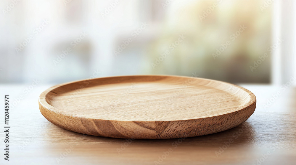 Empty wooden plate on wood table. Soft blurry background, of free space for your copy and branding. Use as products display montage. Vintage style concept. Empty wooden plate on wood table. Soft blurry background, of free space for your copy and branding. Use as products display montage. Vintage style concept.