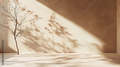 Cozy Empty Beige Room with Tree Shadow and Warm Lighting Effects photo