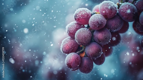 Frozen red grapes on the vine in snowfall.