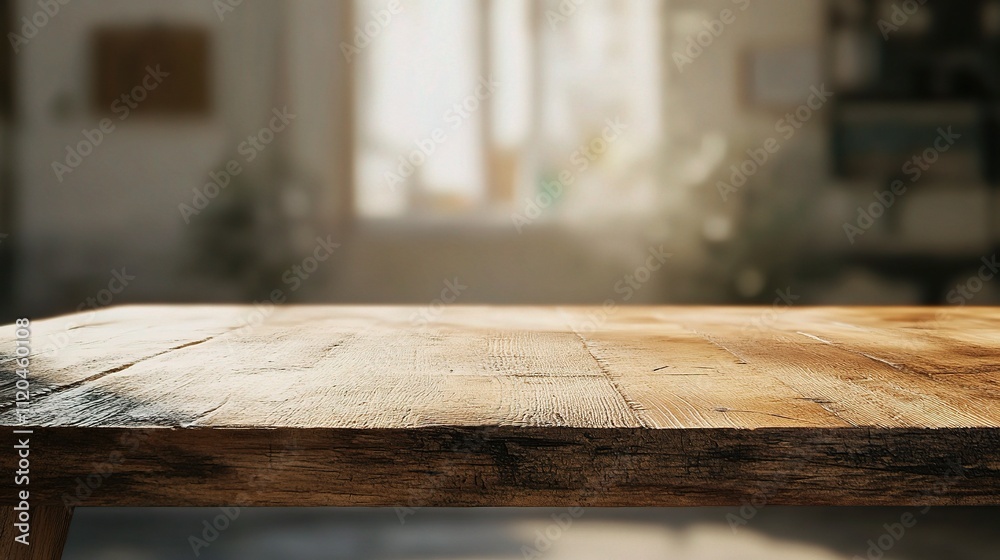 Rustic Wooden Table on Kitchen Counter with Blurred Background Rustic Wooden Table on Kitchen Counter with Blurred Background