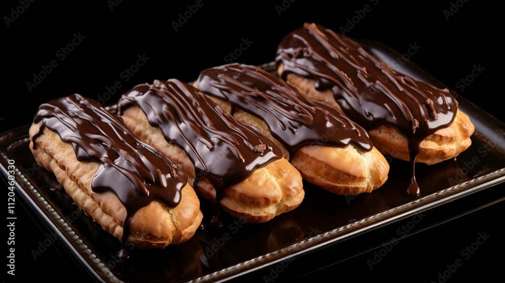 A photo of a tray of scrumptious eclairs with chocolate A photo of a tray of scrumptious eclairs with chocolate
