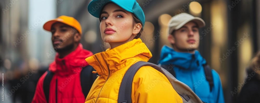 Three young tourists wearing colorful jackets and caps explore a bustling city street Three young tourists wearing colorful jackets and caps explore a bustling city street