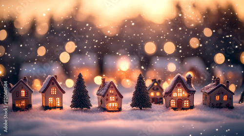 Winter Christmas background with small ceramic houses and trees, glowing lights,