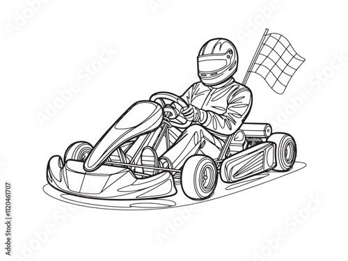 Competitive person having fun on go kart track. Go kart track and driver for car racing to have fun in the city.