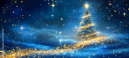 Starry night sky background with a golden Christmas tree in a blue color. Holiday greeting card