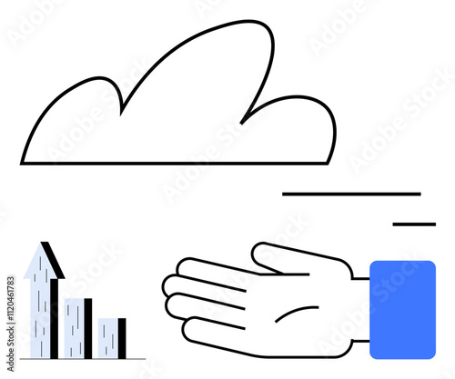 Cloud, open hand, ascending bar graph, and minimal line accents. Ideal for business growth, support, development, success strategy finance and achievement themes. Line metaphor