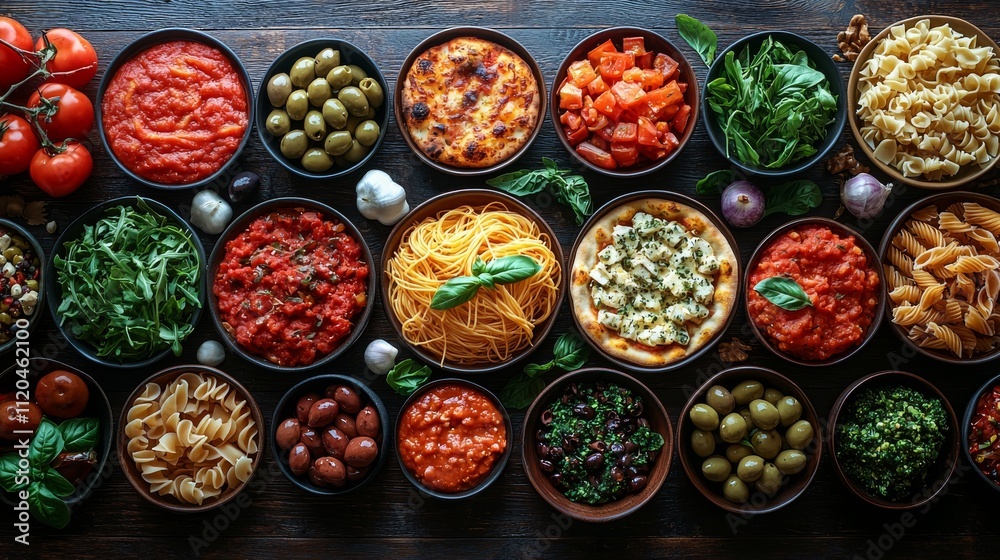 An elegant tabletop presentation featuring a range of global culinary delights.