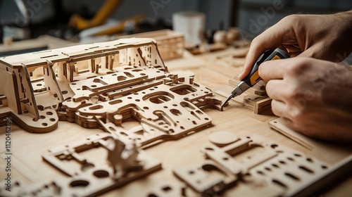 Male Working on Wood Assembly with Balsa Wood Materials