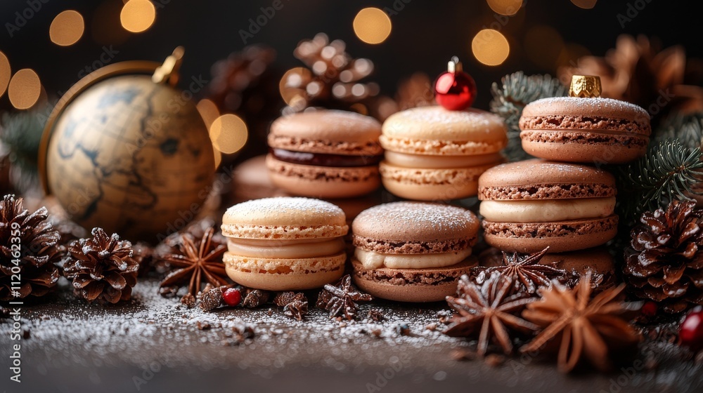 In a 3D display, a globe centerpiece highlights an array of desserts including Chinese mooncakes, Argentine alfajores, and French eclairs, symbolizing a worldwide culinary adventure. In a 3D display, a globe centerpiece highlights an array of desserts including Chinese mooncakes, Argentine alfajores, and French eclairs, symbolizing a worldwide culinary adventure.