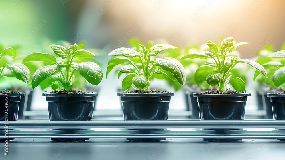 Hydroponic system with thriving basil plants in small pots, showcasing vibrant green leaves and healthy growth under soft sunlight