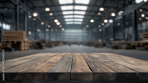 Empty Wooden Table on Blurred Factory Background with Storage Area