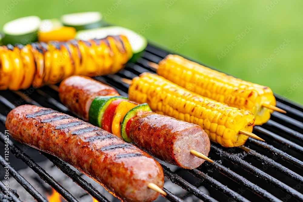An overhead shot of a grill plate outdoors, featuring skewers of meat, sausages, and various vegetables being grilled. BBQ cuisine.