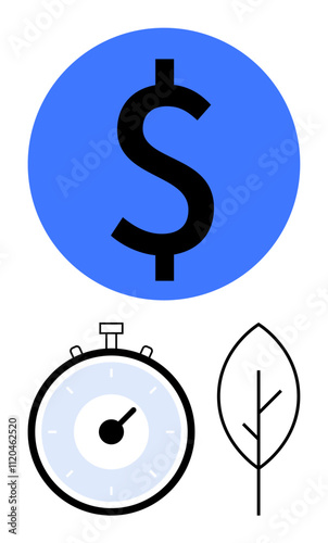 Dollar sign in blue circle minimalistic stopwatch and simple leaf. Ideal for finance, time management, sustainability, economy, ecology, efficiency, environmental conservation. Line metaphor