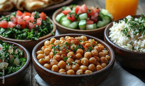 Healthy dishes from various countries displayed on the table.