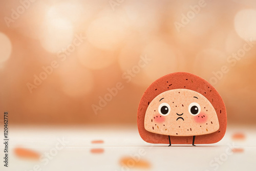 Sad cartoon-style toy with a speckled design on a table and warm blurred background