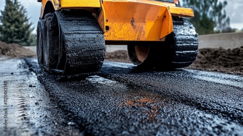 Paver machine laying fresh asphalt on highway during road construction